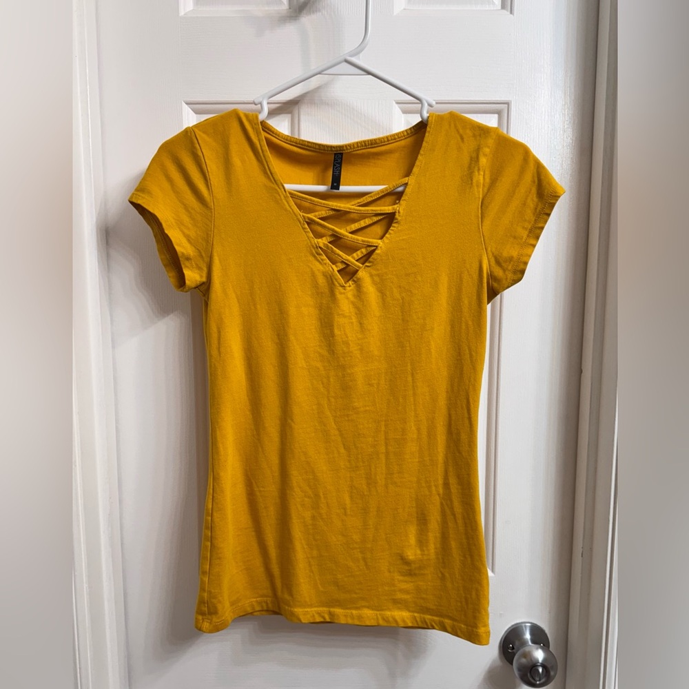 SPLASH Women’s Mustard Yellow Crisscross V-Neck Top, Size Medium